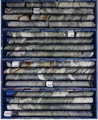 Figure 2 – Drill Core from Down Dip Extension of the ’C’ Structure.  Silicified shear zone with dense quartz veining with high sulphide content, intercepted from 171.75 to 184.00 meters in hole GH0003. (CNW Group/Mantaro Precious Metals Corp.)