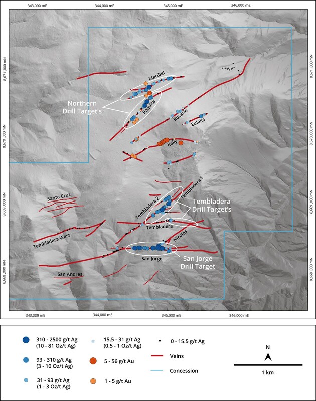 Figure 3: Planview map showing mapped veins and Mantaro channel sampling results. (CNW Group/Mantaro Precious Metals Corp.)